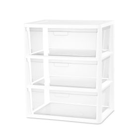 Wide 3 Drawer Tower, Versatile Storage Solution with Removable Clear Plastic Bins, Easy to Assemble, White