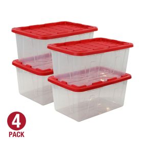(Pack of 4) 15 Gallon Clear Storage Bin with Red Snap Lid, Heavy Duty Plastic Storage Container