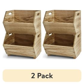 2 pack) 2-Piece Set Natural Wood Stacking Open Front Decorative Storage Bins, 11 in x 16.5 in x 10 in