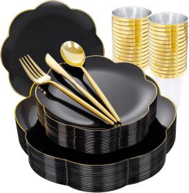 EI 180pcs Black Plastic Plates with Gold Plastic Silverware,Black and Gold Plates Disposable,Heavy Duty Plate for Party,Wedding,Anniversary