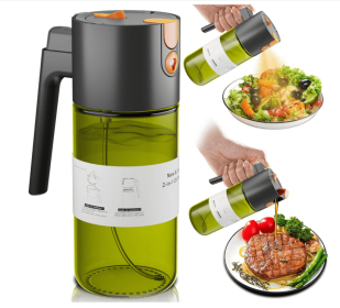 A food oil injector and 2-in-1 cooking spray bottle for olive oil, vinegar, and soy sauce, featuring a 17-ounce light-blocking glass spray bottle (PSJC0115A: PSJC0115D)