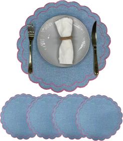 Linen Cotton Placemats Set of 4 Scalloped Flower Embroidery Place Mats 15'' Natural Linen Texture Fabric Machine Washable Table Mats for Restaurant Ki (Material: Cotton)