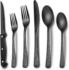 24-Piece Black Silverware Set with Steak Knives, Black Flatware Set for 4, Food-Grade Stainless Steel Tableware Cutlery Set (Material: Stainless Steel)