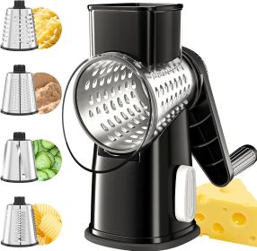 Rotary Cheese Grater Hand Crank with 4 Interchangeable Stainless Steel Blades, Large Manual Handle Shredder and Waffle Slicer for Vegetables (Color: Black)