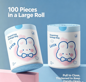 100Pcs Cute Bunny Drawstring Trash Bags, Thickened Disposable Garbage Bags, No-Touch Closure Carryout Rubbish Bags for Home, Kitchen, Office, Car Use (Style: Blue Heart Bunny Drawstring [Tear-Free])